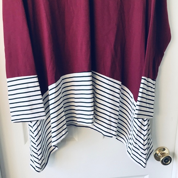 Burgundy, Black and White Striped Asymmetrical Top - Picture 4 of 6
